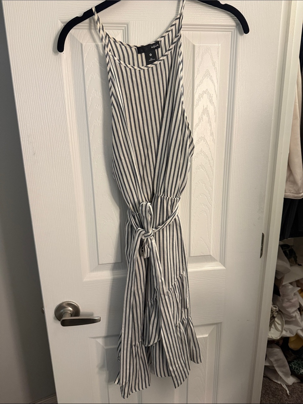 Aqua Black and White Striped Tie-Front Midi Dress
